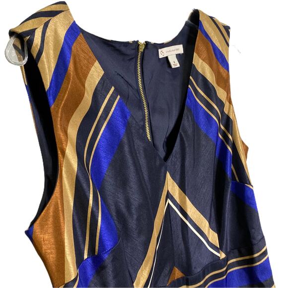 DB Women's Dress Fit & Flare Navy And Gold Sleeveless V-Neck Midi Back Zip 8 - Picture 4 of 6